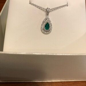 Teardrop Emerald-Color Pendant Necklace in Silver Tone